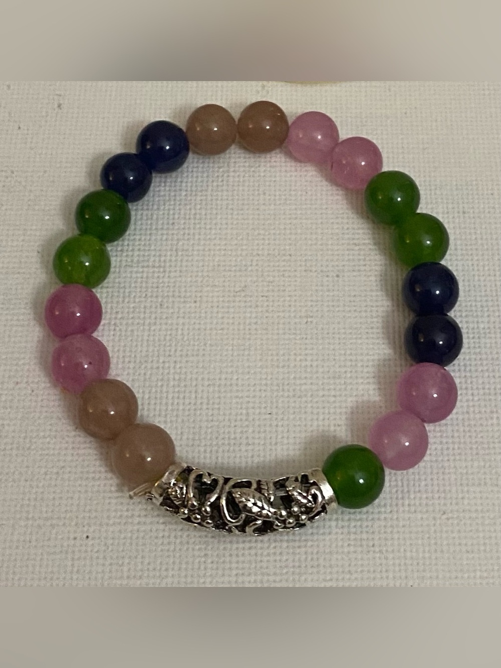 Multi-Color Jade Stretch Bracelet with Decorative Silver tube Accent